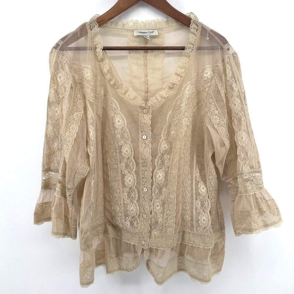 Coldwater Creek Blouse Women XL Tan Lace Sheer Mesh Boho Romantic Cottagecore